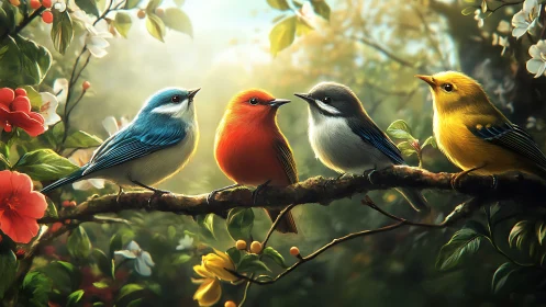Four Colorful Birds on a Branch in Lush Garden, Realistic Art Style.