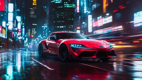 Cyberpunk street racer in neon-soaked night cityscape composition.