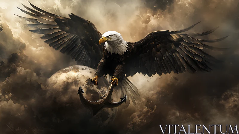 Dynamic bald eagle with anchor over planet in stormy clouds