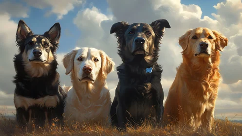 Four loyal dogs sit proudly together under soft sky