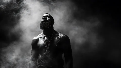 Shadowforged titan rising through stormlit monochrome haze.