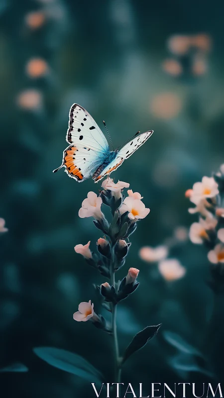 Butterfly on pastel blossoms under teal bokeh light field.