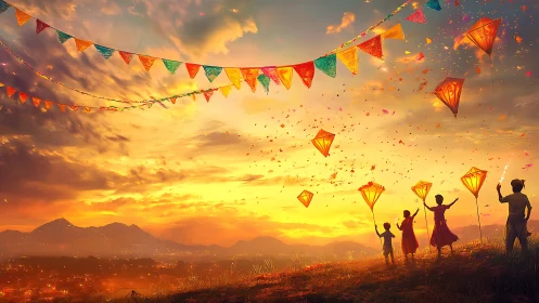 Sunset kites trade whispers with glowing festival skies