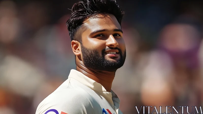 Cricketer in white jersey looking upward, stadium backdrop.