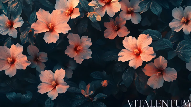 Coral Blooms Against Deep Teal. Radiant Floral Arrangement.