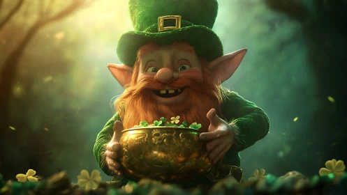 Highly detailed 3D leprechaun clutching ornate golden cauldron in forest
