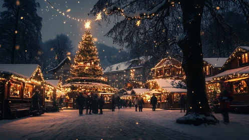 Snowy Christmas market square with glowing festive lights.