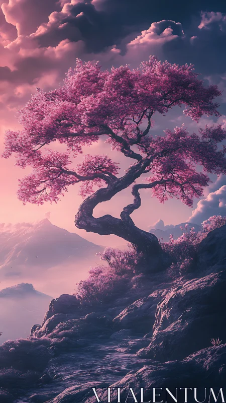 Twisted sakura tree over misted mountains in rosy dusk light.