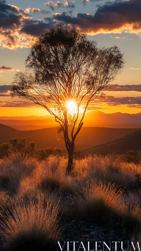 Solitary tree aligned with low sun over arid grassland plain.