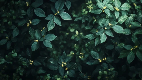 Moody green foliage with scattered tiny yellow blossoms.
