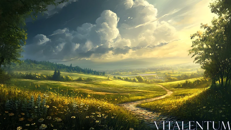 Sunlit country path winds through tranquil green valley.