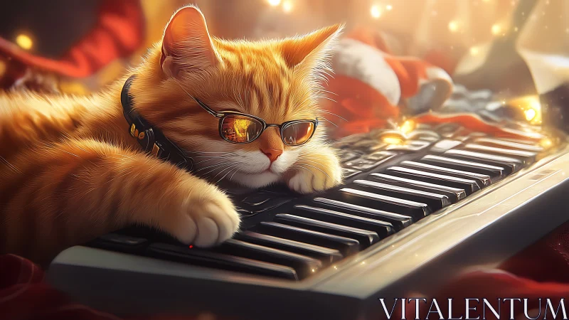 Orange tabby cat wearing sunglasses rests on electronic keyboard