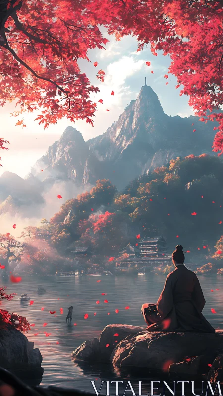 Crimson mountains cradle a meditating traveler by calm water