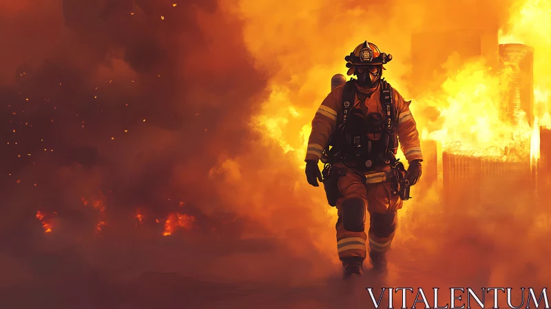 Firefighter advancing through intense flames and smoke