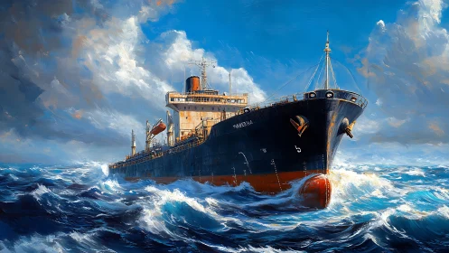 Storm-tossed cargo giant carves bright paths through cobalt seas