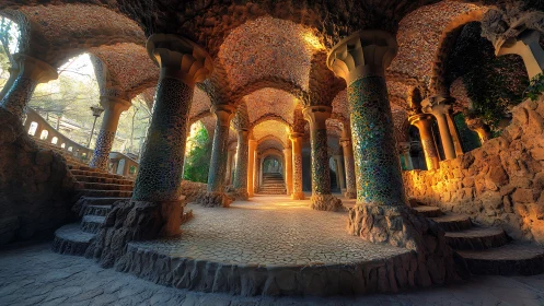 Sunlit stone arcade with mosaic columns and curved steps