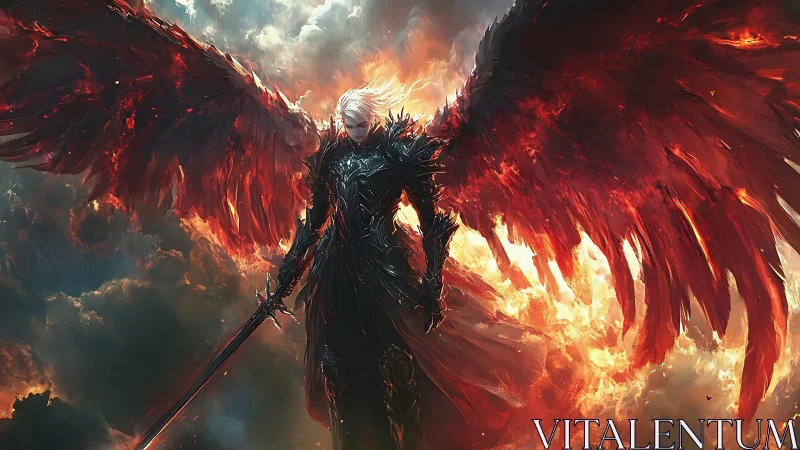 Armored fallen angel with flaming red wings over storm clouds