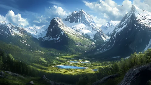 Snow crowned mountains welcome a sunlit valley of lakes