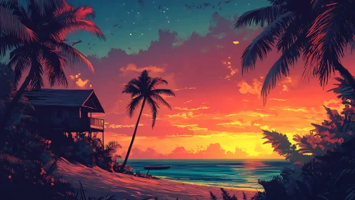 Tropical beach cabin overlooks a vivid digital sunset sky.