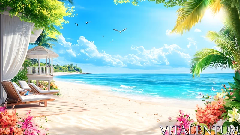 Sunlit shore escape with cozy cabana and bright blooms.