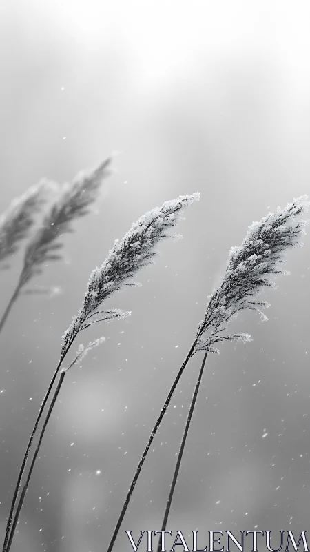 Snow-dusted winter reeds bend softly in a silent gray haze