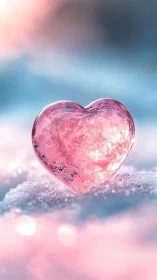 Crystalline Pink Heart Resting on Frosted Snow