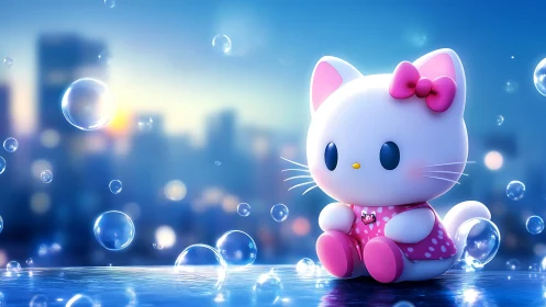 Chibi cat figurine rendered in glossy 3D amid bokeh city bubbles