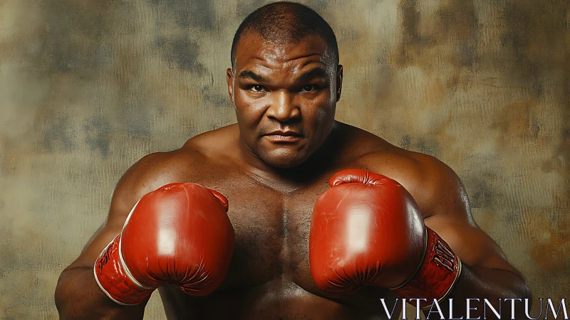 Professional boxer in ready stance with red gloves.