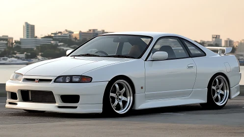 White Nissan GT-R coupe parked on waterfront roadway at dusk.