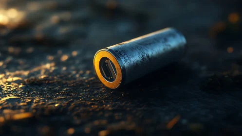 Metallic cylindrical USB device lies on wet textured ground