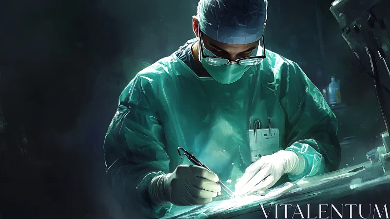 Calm surgeon at work in a softly lit operating room.