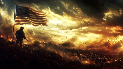 Stormlit soldier strides beneath a tattered American skyflag
