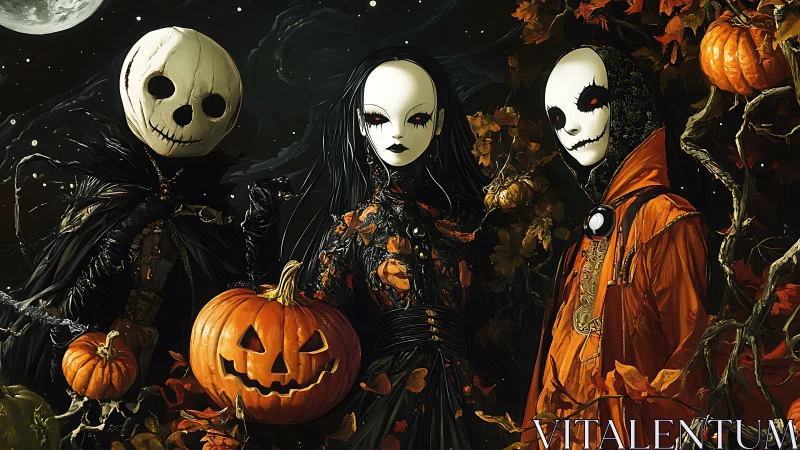 Halloween masked trio with pumpkins under moonlit sky.