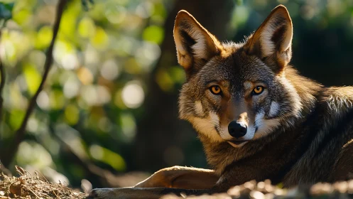 Golden-eyed forest coyote resting softly in sunlit calm.