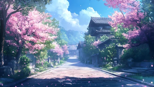 Cherry tree lined street beside traditional wooden houses.