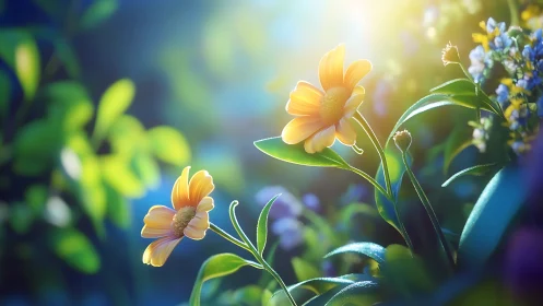 Golden flowers bask in morning sunlight