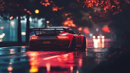 Sports car glows on a rainy neon city street at night.