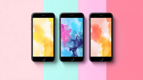 Colorful phones lined up with dreamy pastel screens.