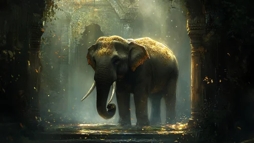 Sacred elephant illuminated by volumetric light in ancient ruins
