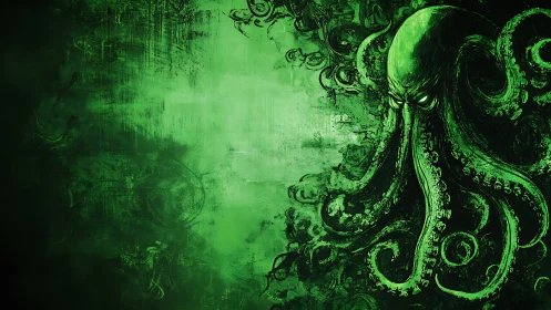 Eldritch octopus entity looms within toxic green void.