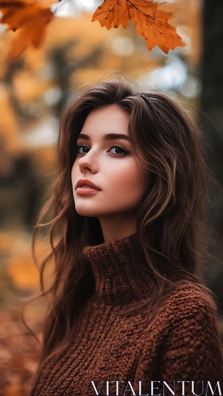 Warm autumn portrait among golden falling leaves.
