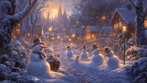 Snowmen line a snowy village path under warm lamplight