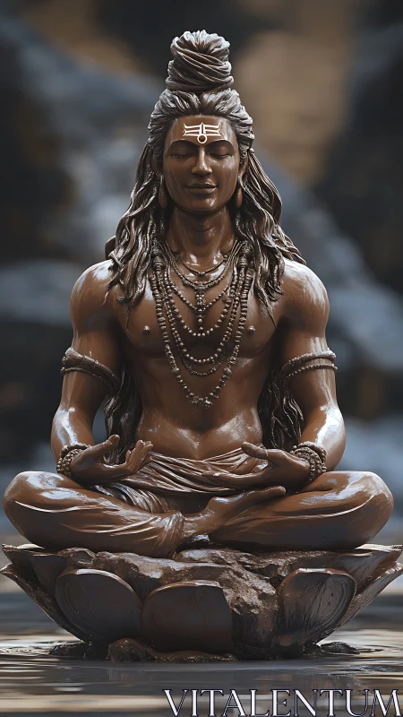 Serene bronze yogi in meditation upon a lotus pedestal.