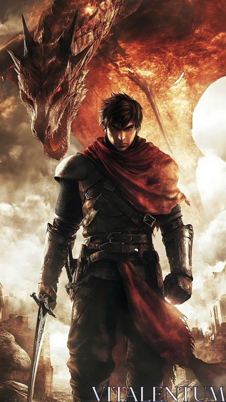 Armored swordsman stands before looming fire dragon.