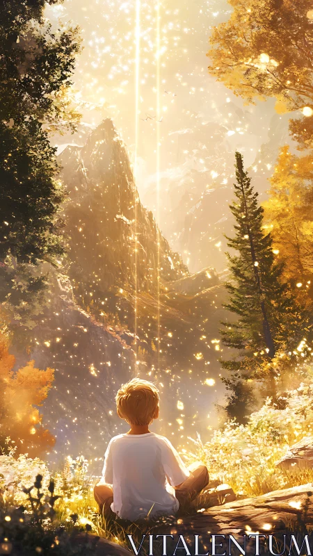 Golden forest valley with child observing vertical light beams