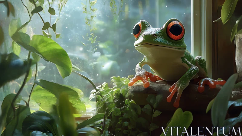 High-contrast tree frog render with subsurface scattering and DOF lighting