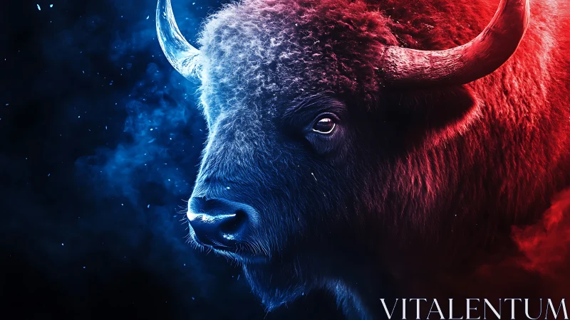 Bison portrait split by red and blue dramatic lighting.