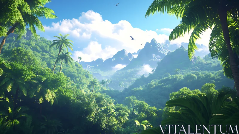Volumetric-lit tropical valley with dense foliage and aerial fauna rendered