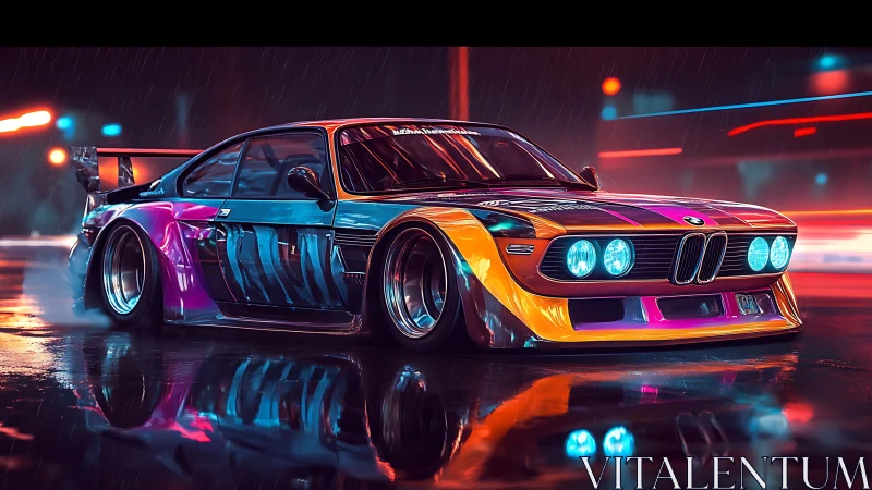 Neon-lit modified race car stands on wet city street at night