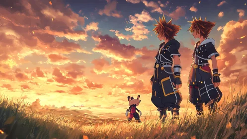 Sunset field with twin heroes and small animal companion.